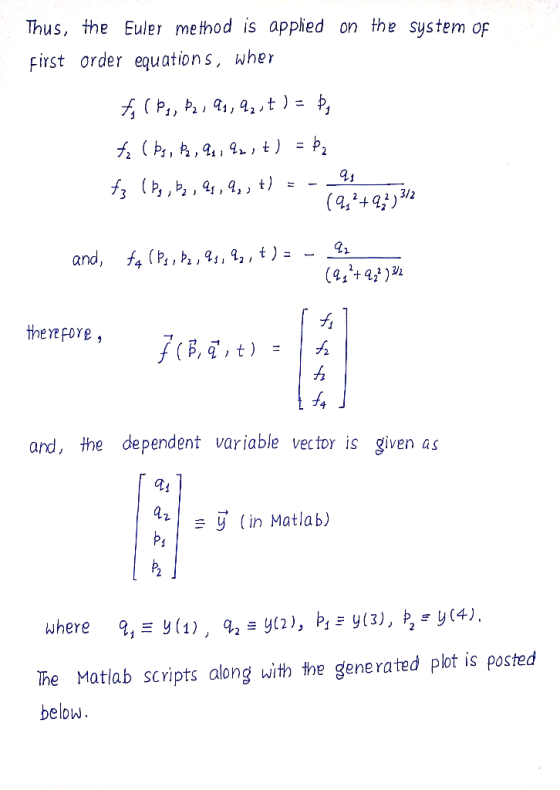 Thus, the Euler method is applied on the system of first order equations, wher ty (Ps, Pz, 91, 92, t ) = Þg tę (ba, pa, 93, 9
