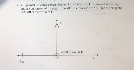 6. (10 points) A small current element I dl=0.004 Am kis centered at the origin and is coming out of the page. Here di = 2 k
