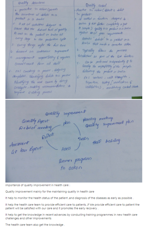 Atorance Dualsty tonda the occartnce of delects a poduct- ล.rennthe pochut osude ar ece Hat needs a nectve athon hons alidaton Qualety p mees Aserme Asses fn achon importance of quality improvement in health care Quality improvement mainly for the maintaining quality in health care It help to monitor the health status of the patient and diagnosis of the diseases as early as possible It help the health care team to provide efficient care to patients,if We provide efficient care to patient the patient will be satisfied with our care and it promotes the early recovery It help to get the knowledge in recent advances by conducting training programmes in new health care challenges and other improvements The health care team also get the knowledge