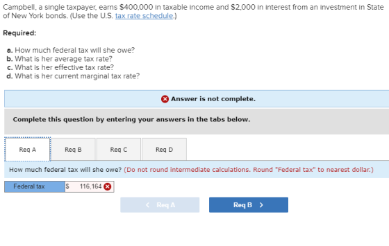 Campbell, a single taxpayer, earns $400,000 in taxable income and $2,000 in interest from an investment in State of New York
