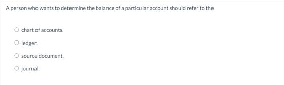 A person who wants to determine the balance of a particular account should refer to the O chart of accounts. O ledger O sourc