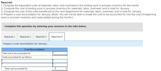 Required: 1. Compute the equivalent units of materials, labor, and overhead in the ending work in process inventory for the m