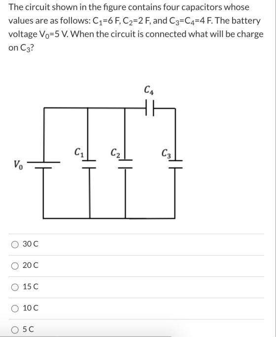 The circuit shown in the figure contains four capacitors whose values are as follows: C1=6 F, C2=2 F, and C3=C4=4 F. The batt