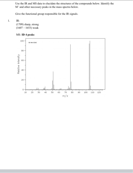 Use the IR and MS data to elucidate the structures of the compounds below. Identify the M and other necessary peaks in the ma