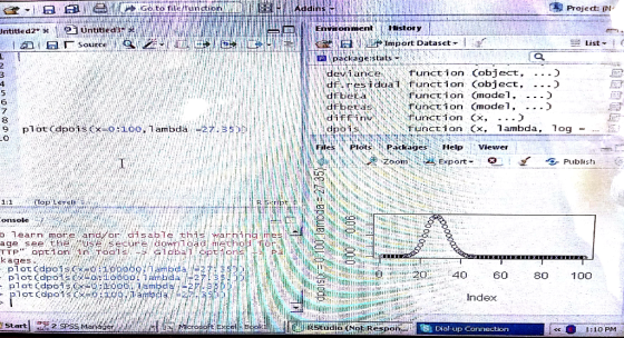 1 Project: IN. Envaonment History Import Dataset- List-( packagestats- ..0 deviancefunction Cobject, - df res i dual function Cobject, -- 6 7 8 9 drberasunction (mode1, ..> diffnunction Cx, . . . ) pl ot (dpois(x 0:100, 1 ambda: -27.35 Files PlotsPackages Help Viewer zoom.. , i. Export- o f-3 Publish onsole o 1earn more /and on disable this waimes age see theussedureowiload eth kages piot (dpo1s 010o66011 ambda plot (dp0 o800ambda273 0480 100 Index Start SPS5 Manage Dial-up Connection 1:10 PM