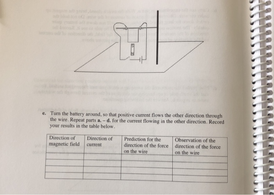 e. Turn the battery around, so that positive current flows the other direction through the wire. Repeat parts a.-d. for the c