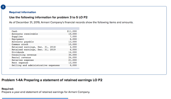 Required information Use the following information for problem 3 to 5 LO P2 As of December 31, 2019, Armani Companys financi