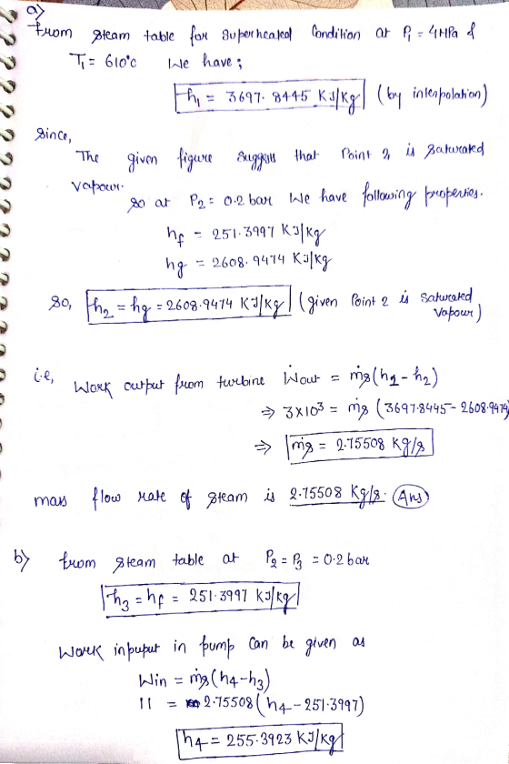 From Steam table fore Su perncapead Condilion ar P = 4HPa T= 610°c We have; thi = 3697. 8145 ks/kg) (buy interpolation) Since