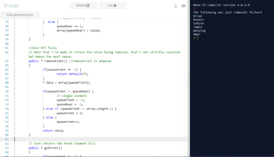 Mono C# compiler version 4.0.4.0 share saved CircularArray.cs 35 The following was just removed: Richard Brian Bonnie Sabine