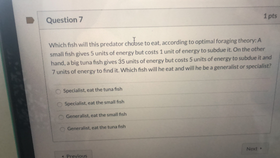 Question 7 1 pts Which fish will this predator choose to eat, according to optimal foraging theory: A small fish gives 5 unit