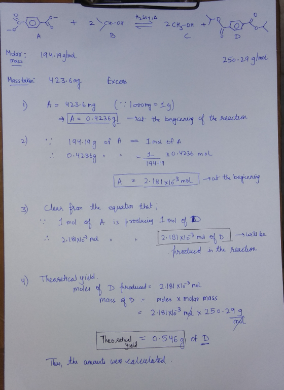 H₂SO4,A x + 2)CH-OH H2 Soy A 2 CH₂-OH +TQ 10th TOYO Mdar: 194.19 g/mol mass 250.29 g/mol Mass taken: 423.6ing Excess D O A =