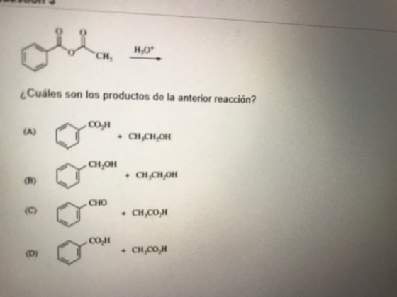 си, ,он Cuáles son los productos de la anterior reacción? сон (A) CH CH,OH снон CH,CH,OH сно CH,CO,H Ho CH,CO,H (D) 3 @ @