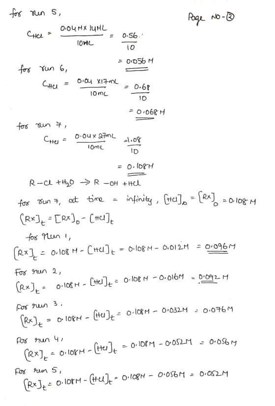 for nun 5, Page No - CHCl = 0.04 MXlUML — = 0.56 lome 10 for = 01056 M run 6, Chu = 0.04 X17ml = 0.68 10mL 10 -0.068 H for ru