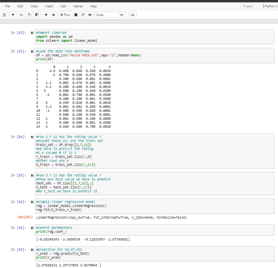 File Edit View Insert Cell Kernel Help Trusted Python 3 Run + e Code In [82]: #import Libaries import pandas as pd from sklea