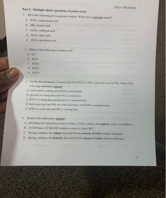 (Up to 108 points) Part I. Multiple-choice questions (4 points each). 1. All of the following are in aqueous solution. Which