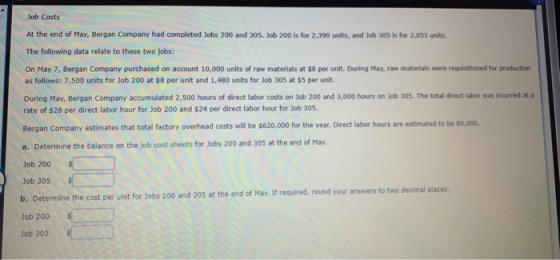 Job Costs At the end of May, Bergan Company had completed Jobs 200 and 305. Job 200 is for 2,390 units, and Job 305 is for 2,