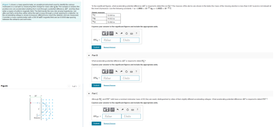 To five significant figures, what accelerating potential difference AV is required to detect the ion 0 ? The masses of the at