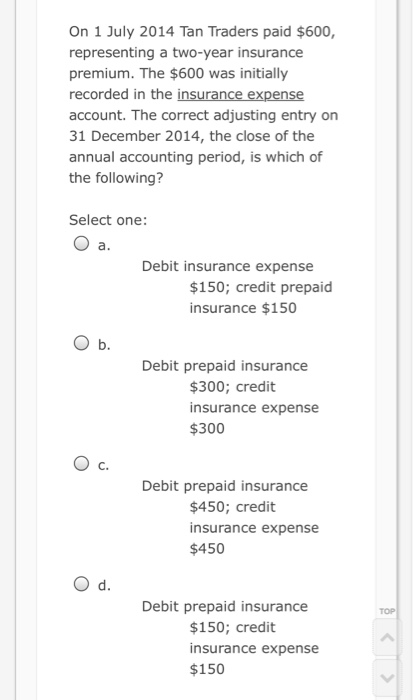 On 1 July 2014 Tan Traders paid $600, representing a two-year insurance premium. The $600 was initially recorded in the insur