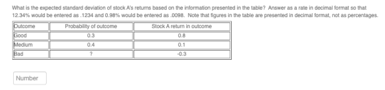 What is the expected standard deviation of stock As returns based on the information presented in the table? Answer as a rat