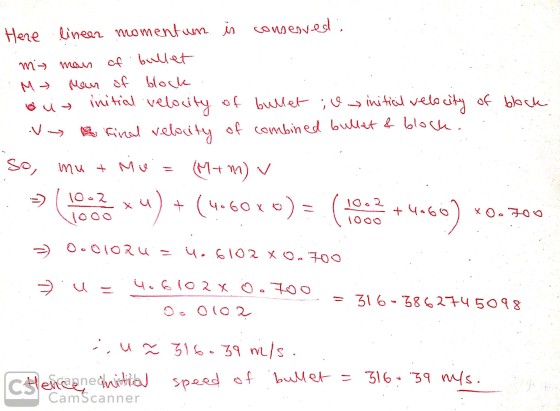 V- Here lineen momentum is comerved. m man of bullet M Man of block initial velocity of bullet ; initial velocity of block Fi