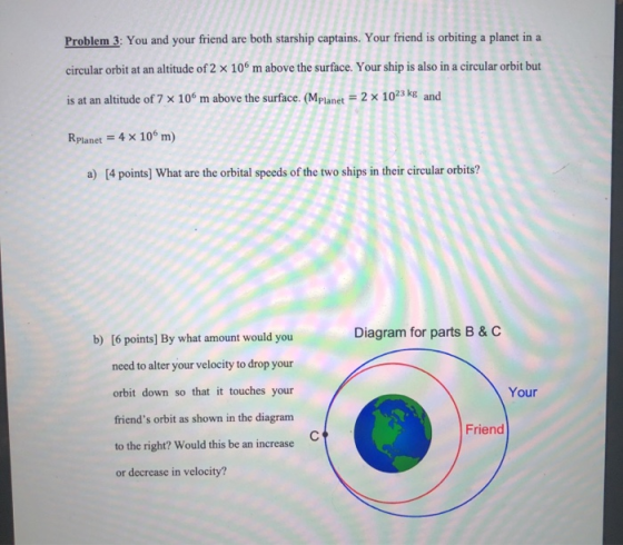 Problem 3: You and your friend are both starship captains. Your friend is orbiting a planet in a circular orbit at an altitud