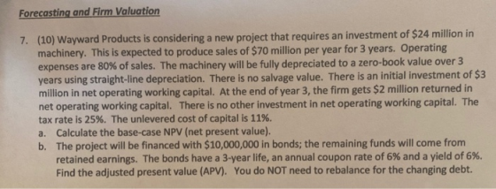 Forecasting and Firm Valuation 7. (10) Wayward Products is considering a new project that requires an investment of $24 milli