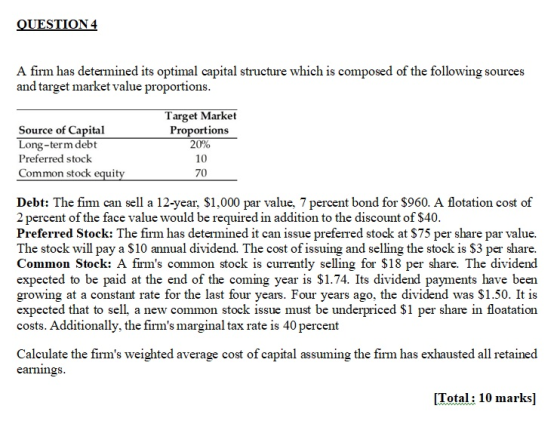 QUESTION 4 A firm has determined its optimal capital structure which is composed of the following sources and target market v