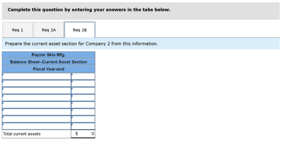 Complete this question by entering your answers in the tabs below. Req 1 Req 2A Req 2B Prepare the current asset section for