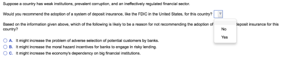 Suppose a country has weak institutions, prevalent corruption, and an ineffectively regulated financial sector Would you recommend the adoption of a system of deposit insurance, like the FDIC in the United States, for this country? Based on the information given above, which of the following is likely to be a reason for not recommending the adoption of deposit insurance for this country? No Yes O A. It might increase the problem of adverse selection of potential customers by banks O B. It might increase the moral hazard incentives for banks to engage in risky lending. C. It might increase the economys dependency on big financial institutions