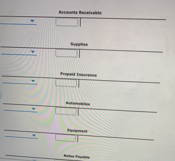 Accounts Receivable 1 Supplies Prepaid Insurance Automobiles Equipment Notes Payable