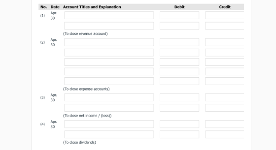 No. Account Titles and Explanation Debit Credit Date Apr. 30 (1) (To close revenue account) (2) Apr. 30 (To close expense acc