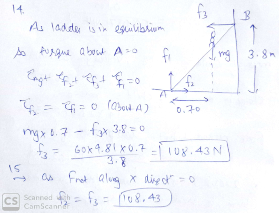 V206 je 1 3.8m 14. As ladder is in equilibrium so turque about A-o fi ng Engt eft at of 20 hf 5 = 0 = 0 (about A) 670° max 0.