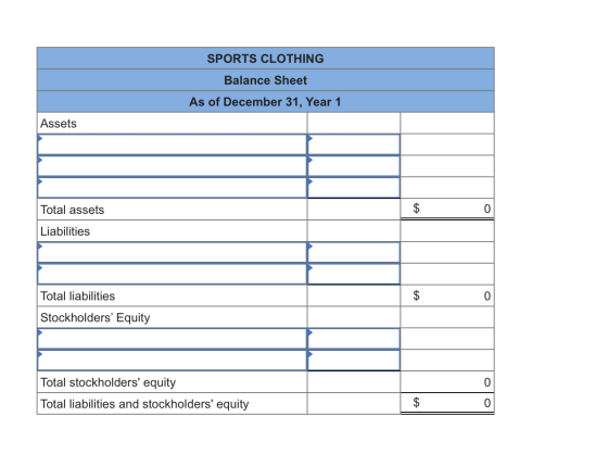 SPORTS CLOTHING Balance Sheet As of December 31, Year 1 Assets Total assets $ 0 Liabilities Total liabilities $ 0 Stockholder