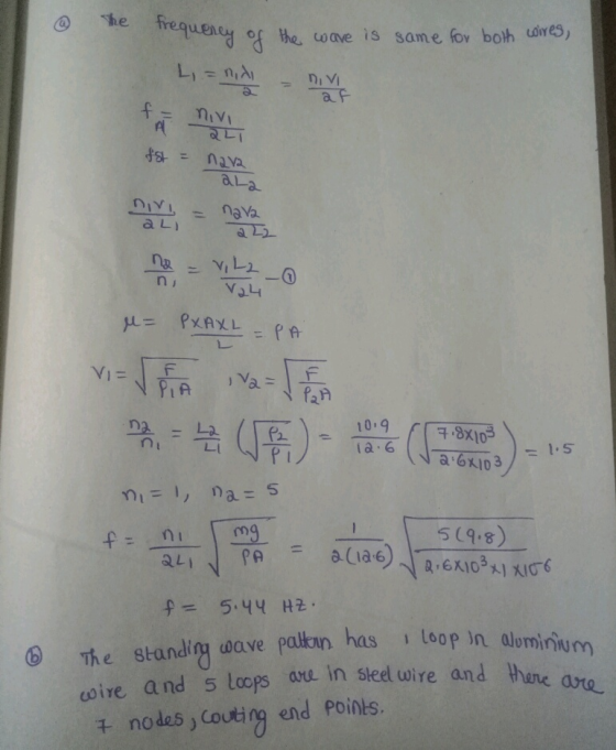 he frequency ซู lhe wave is same ov boh dores, fan n i 니 ヂ 5.YY H군. The standim wave patlan has loo are uo ire and 51㏄Ps are in sleel wire and t nodas coutirg end Poinls.