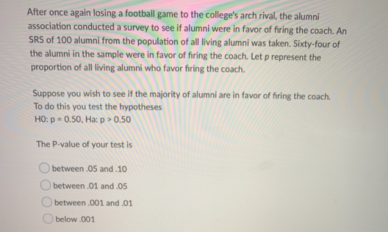After once again losing a football game to the colleges arch rival, the alumni association conducted a survey to see if alum