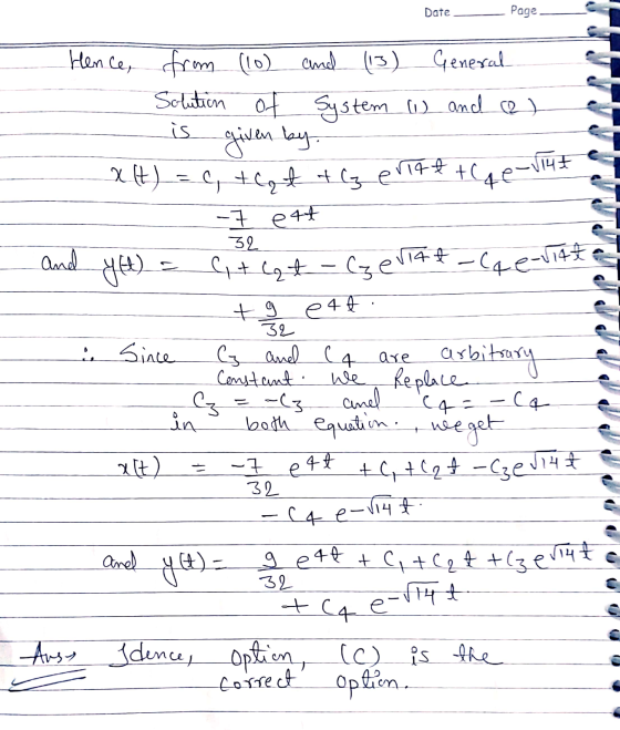 Date Page Hence, from (10) and (13) General Solution of System (1) and (2) is given by X(t) = C, that the pritet qe-1142 -7 e