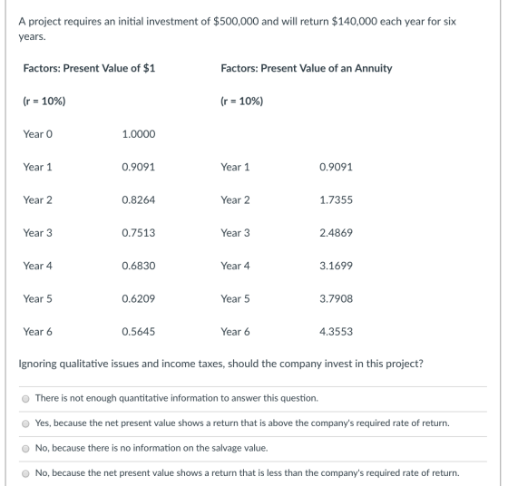 A project requires an initial investment of $500,000 and will return $140,000 each year for six years Factors: Present Value
