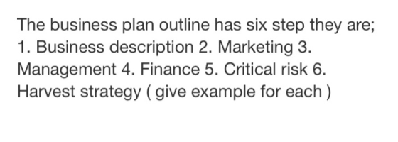 The business plan outline has six step they are; 1. Business description 2. Marketing 3. Management 4. Finance 5. Critical ri