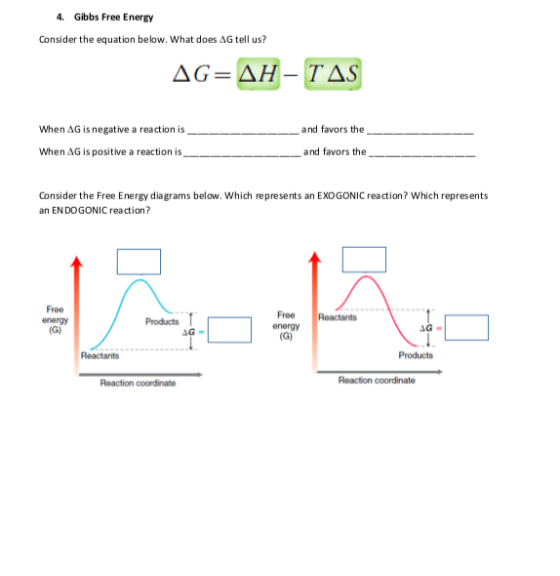 4. Gibbs Free Energy Consider the equation below, what does ΔG tell us? AG AH-TAS When ΔG is negative a reaction is and favor