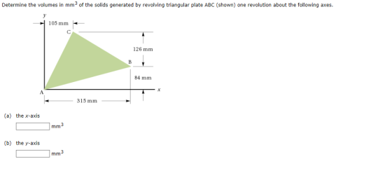 Determine the volumes in mm3 of the solids generated by revolving triangular plate ABC (shown) one revolution about the follo
