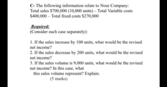 C- The following information relate to Nour Company: Total sales $700,000 (10,000 units) - Total Variable costs $400,000 - To