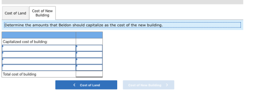 Cost of Land Cost of New Building Determine the amounts that Beldon should capitalize as the cost of the new building. Capita