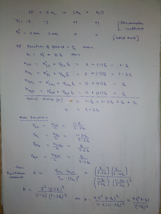 CHu + Co + 3 H2 StHochemetnc Coefficient + +1 -3 mole fintiad mole i mole tthan Reactian & extent thei n hi hi+Vi E 1-& 1 nco