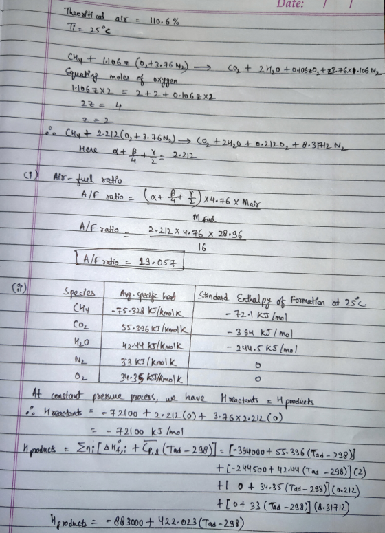 Date: Theoriti cal air = Ti= 25°C 110.6% con + 21,0 +0.0620, +23.76X6.106 Ng Chy + 161062 (0, +3.76 N2). Equating moles of ox