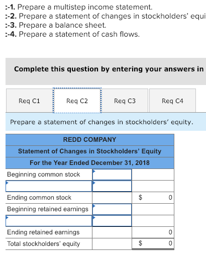:-1. Prepare a multistep income statement. -2. Prepare a statement of changes in stockholders equi -3. Prepare a balance sheet -4. Prepare a statement of cash flows. Complete this question by entering your answers in Req C1 Req C3 Req C4 Prepare a statement of changes in stockholders equity REDD COMPANY Statement of Changes in Stockholders Equity For the Year Ended December 31, 2018 Beginning common stock Ending common stock Beginning retained earnings Ending retained earnings Total stockholders equity