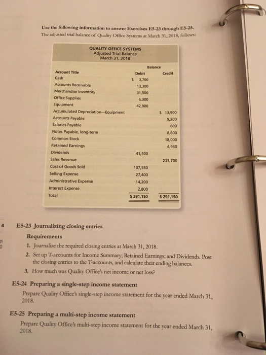 Use the following information to answer Exercises E5-23 through ES-25. The adjusted trial balance of Quality Office Systems a