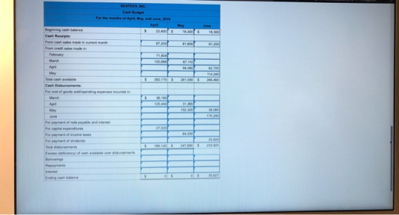SEATECHING Cash Budget For the month of April May, and June 2016 22.400 18.300 $ Cash Receipts From cash sales made in cur Fr