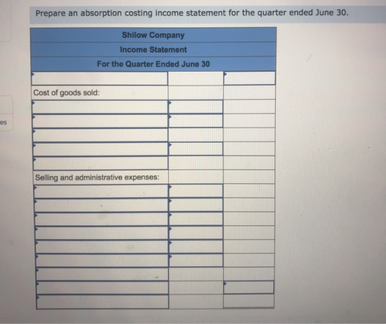 Prepare an absorption costing income statement for the quarter ended June 30. Shilow Company Income Statement For the Quarter
