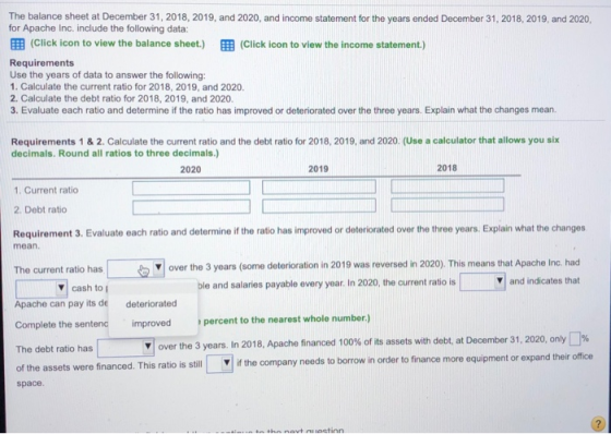 The balance sheet at December 31, 2018, 2019, and 2020, and income statement for the years ended December 31, 2018, 2019, and