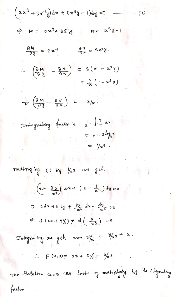 (273 +32-14)dx + (x@y- 1)dy -o ci > M= 2x² p artly wa x3y-l OM dy 38e-1 ON an 3227 am AN x = 3(3-- 224) -ay o) (1-3y) * cu m